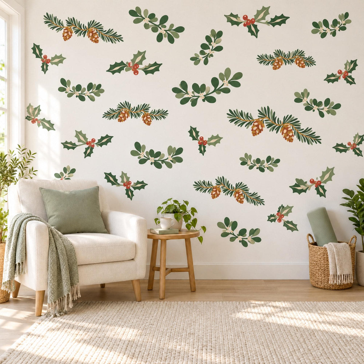 Christmas Wall Stickers, Holly Pine Greenery Decor, Winter Botanical Wall Decals, Festive Living Room Green Red Pinecone Peel and Stick Art