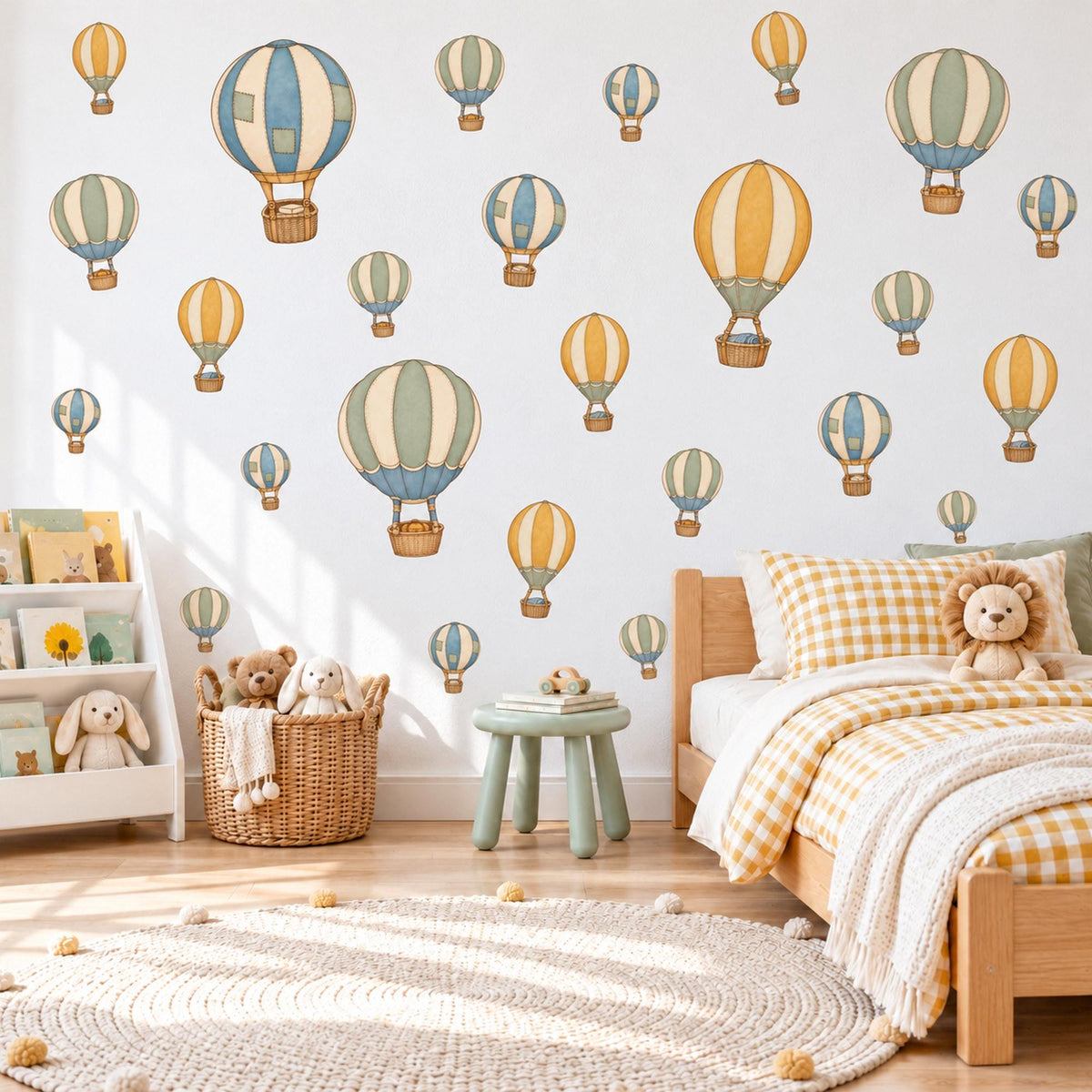 Hot Air Balloon Wall Stickers, Pastel Balloon Nursery Decor, Vintage Balloon Wall Decals, Kids Room Blue Mustard Sage Peel and Stick Art