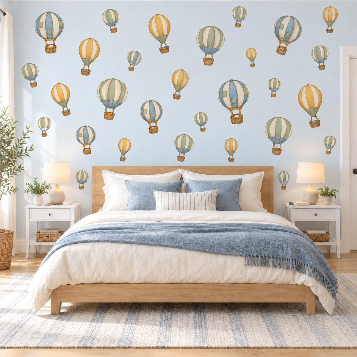 Hot Air Balloon Wall Stickers, Pastel Balloon Nursery Decor, Vintage Balloon Wall Decals, Kids Room Blue Mustard Sage Peel and Stick Art