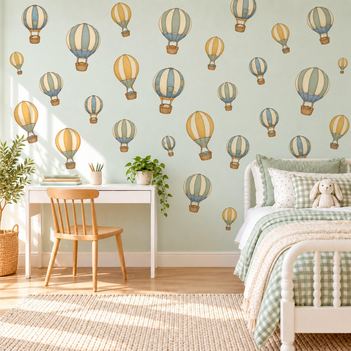 Hot Air Balloon Wall Stickers, Pastel Balloon Nursery Decor, Vintage Balloon Wall Decals, Kids Room Blue Mustard Sage Peel and Stick Art