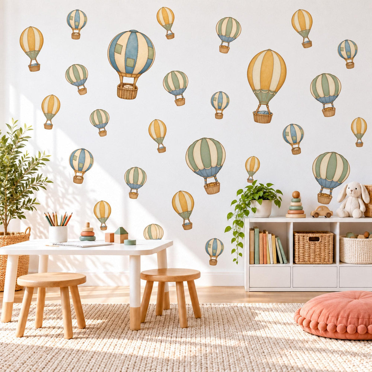 Hot Air Balloon Wall Stickers, Pastel Balloon Nursery Decor, Vintage Balloon Wall Decals, Kids Room Blue Mustard Sage Peel and Stick Art