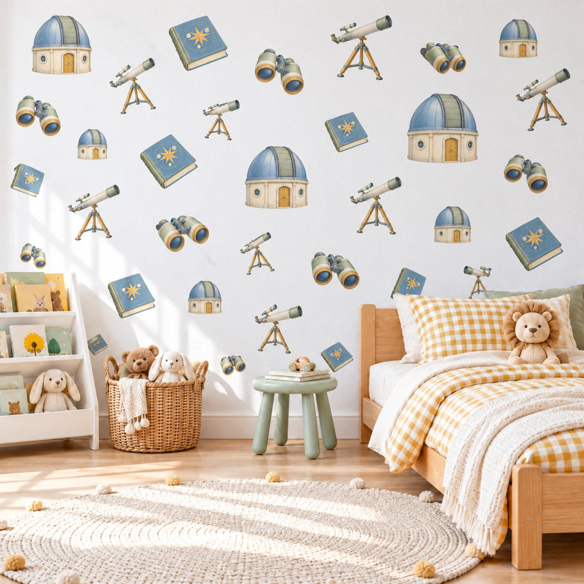 Astronomy Wall Stickers, Stargazer Telescope Decor, Observatory Wall Decals, Boys Kids Room Blue Cream Sage Space Peel and Stick Wall Art