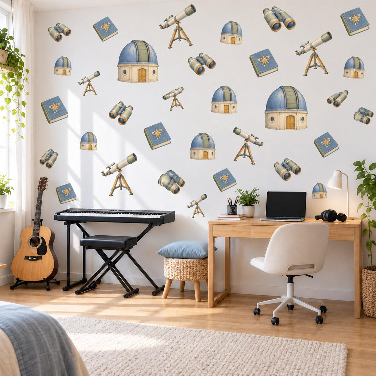 Astronomy Wall Stickers, Stargazer Telescope Decor, Observatory Wall Decals, Boys Kids Room Blue Cream Sage Space Peel and Stick Wall Art