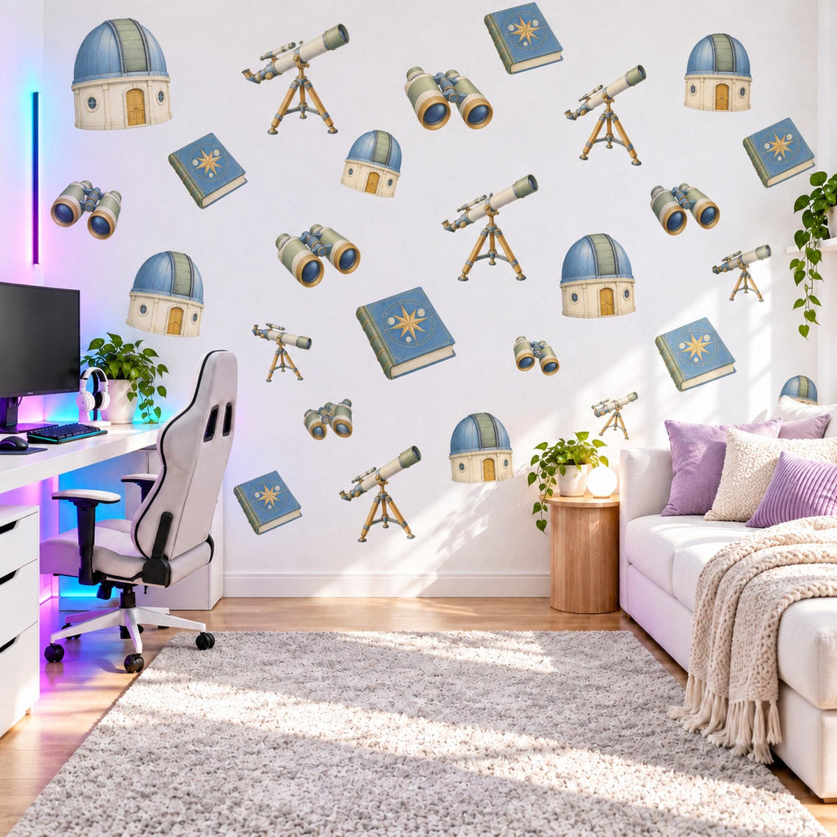 Astronomy Wall Stickers, Stargazer Telescope Decor, Observatory Wall Decals, Boys Kids Room Blue Cream Sage Space Peel and Stick Wall Art
