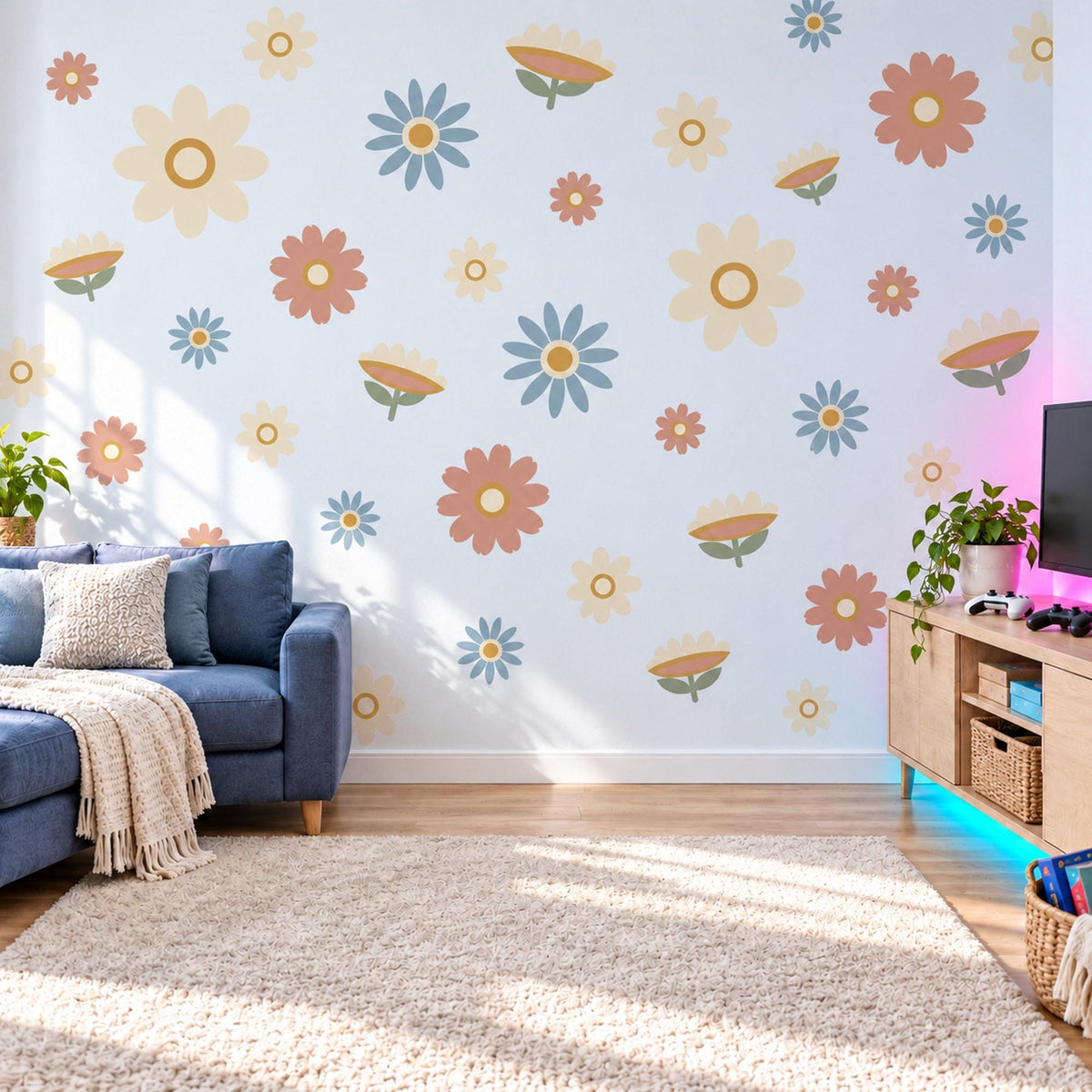 Daisy Wall Stickers, Retro Flower Nursery Decor, Boho Daisy Wall Decals, Girls Room Dusty Blue Terracotta Cream Peel and Stick Wall Art