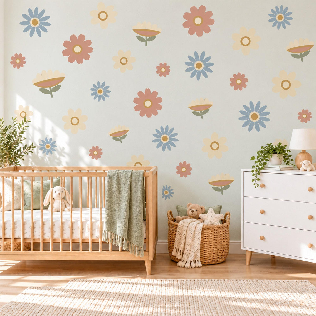 Daisy Wall Stickers, Retro Flower Nursery Decor, Boho Daisy Wall Decals, Girls Room Dusty Blue Terracotta Cream Peel and Stick Wall Art