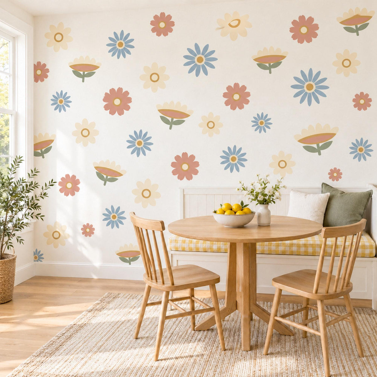 Daisy Wall Stickers, Retro Flower Nursery Decor, Boho Daisy Wall Decals, Girls Room Dusty Blue Terracotta Cream Peel and Stick Wall Art