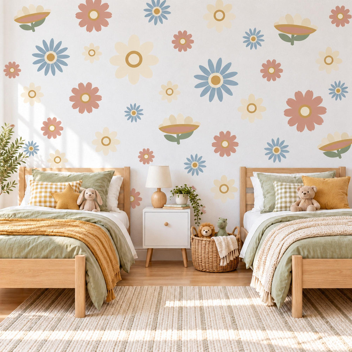 Daisy Wall Stickers, Retro Flower Nursery Decor, Boho Daisy Wall Decals, Girls Room Dusty Blue Terracotta Cream Peel and Stick Wall Art