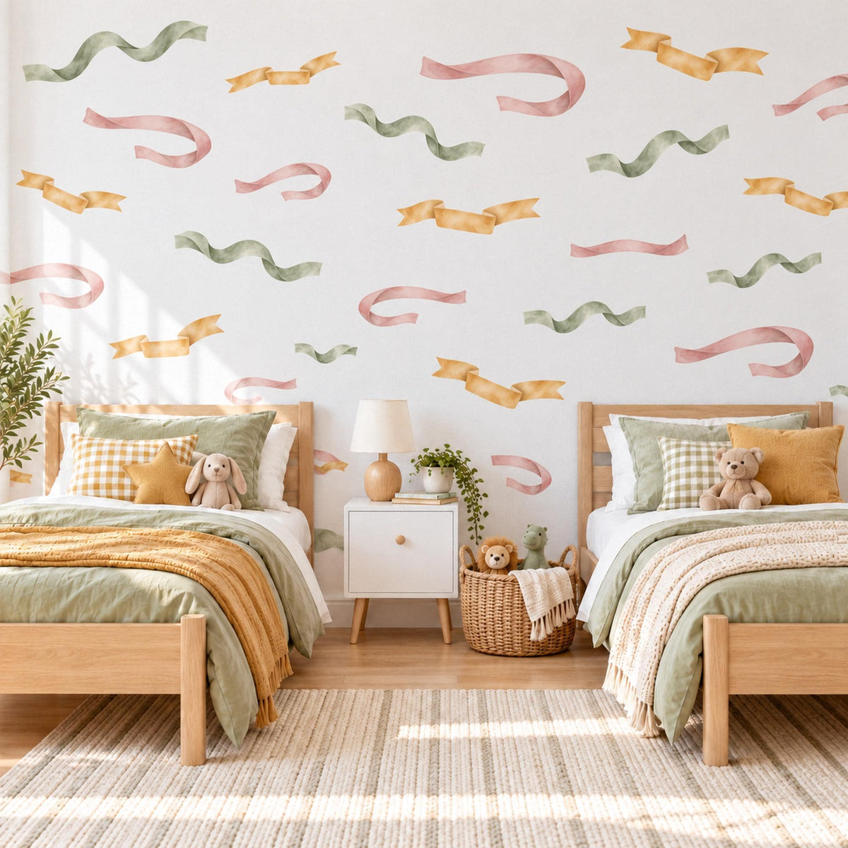 Ribbon Wall Stickers, Curly Ribbon Streamer Decor, Party Ribbon Wall Decals, Girls Nursery Blush Pink Mustard Sage Peel and Stick Wall Art
