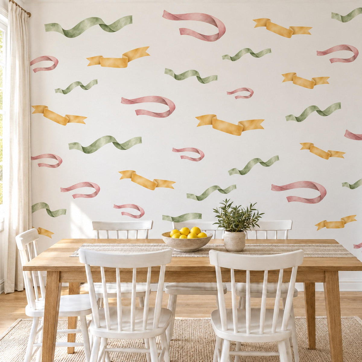 Ribbon Wall Stickers, Curly Ribbon Streamer Decor, Party Ribbon Wall Decals, Girls Nursery Blush Pink Mustard Sage Peel and Stick Wall Art