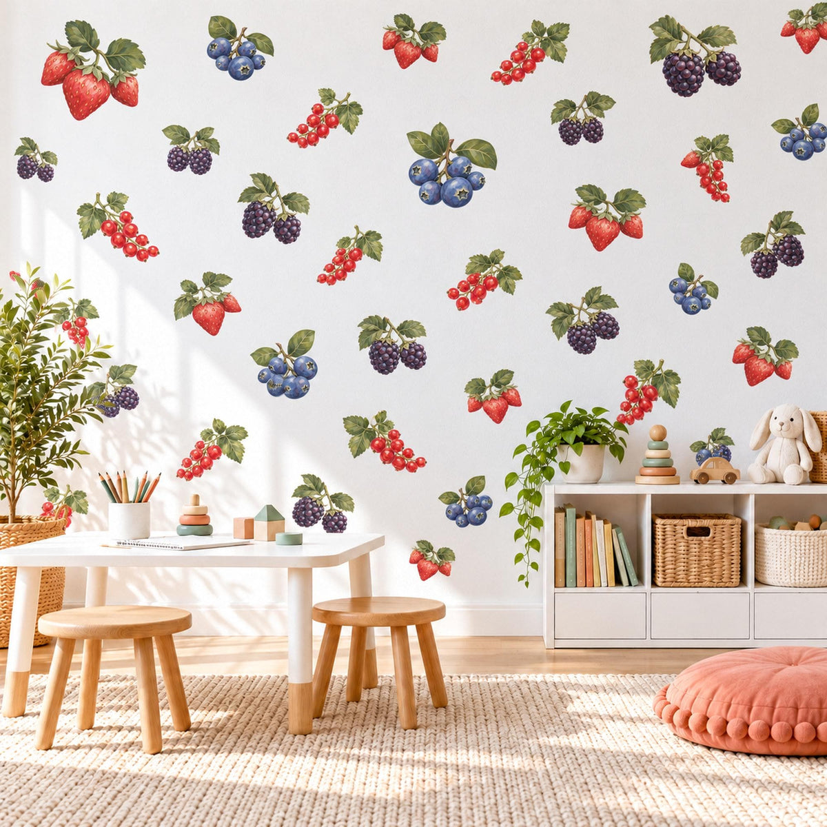 Berry Wall Stickers, Strawberry Blueberry Kitchen Decor, Fruit Wall Decals, Kids Room Nursery Red Blue Green Botanical Peel and Stick Art