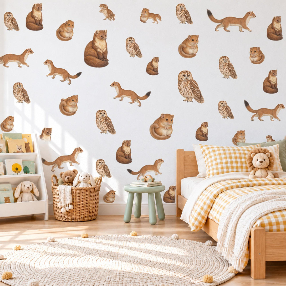 Woodland Animal Wall Stickers, Owl Pine Marten Nursery Decor, Forest Animal Wall Decals, Kids Room Brown Caramel Cream Peel and Stick Art