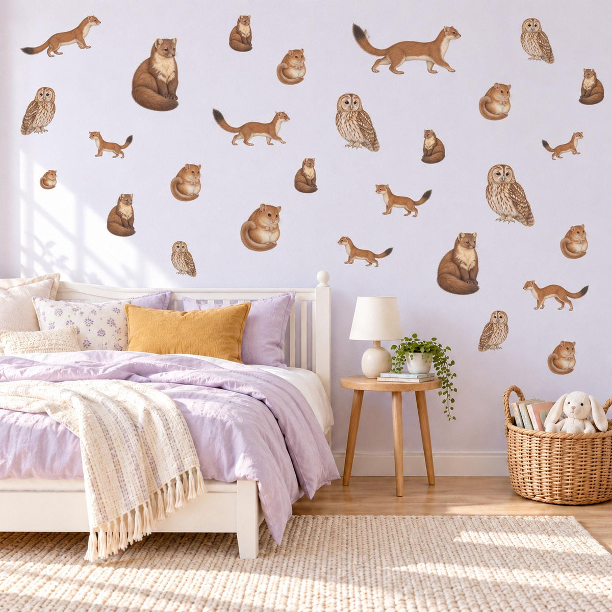 Woodland Animal Wall Stickers, Owl Pine Marten Nursery Decor, Forest Animal Wall Decals, Kids Room Brown Caramel Cream Peel and Stick Art