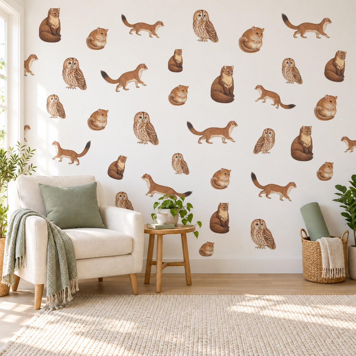 Woodland Animal Wall Stickers, Owl Pine Marten Nursery Decor, Forest Animal Wall Decals, Kids Room Brown Caramel Cream Peel and Stick Art