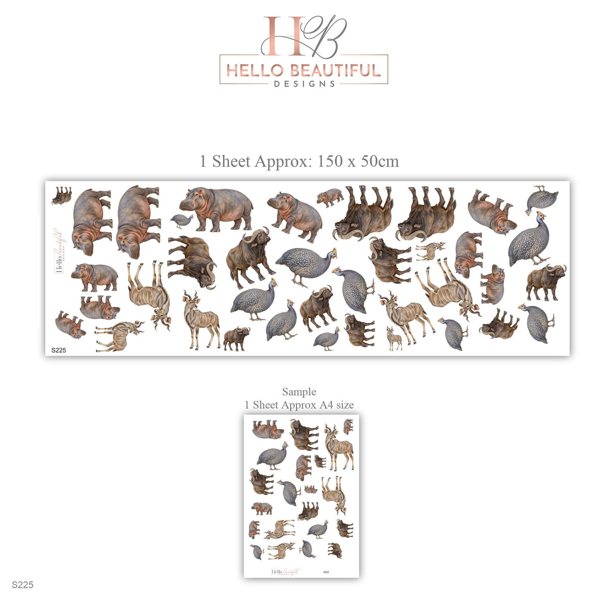Safari Animal Wall Stickers, Hippo Buffalo Nursery Decor, African Animal Wall Decals, Kids Room Grey Brown Neutral Peel and Stick Wall Art