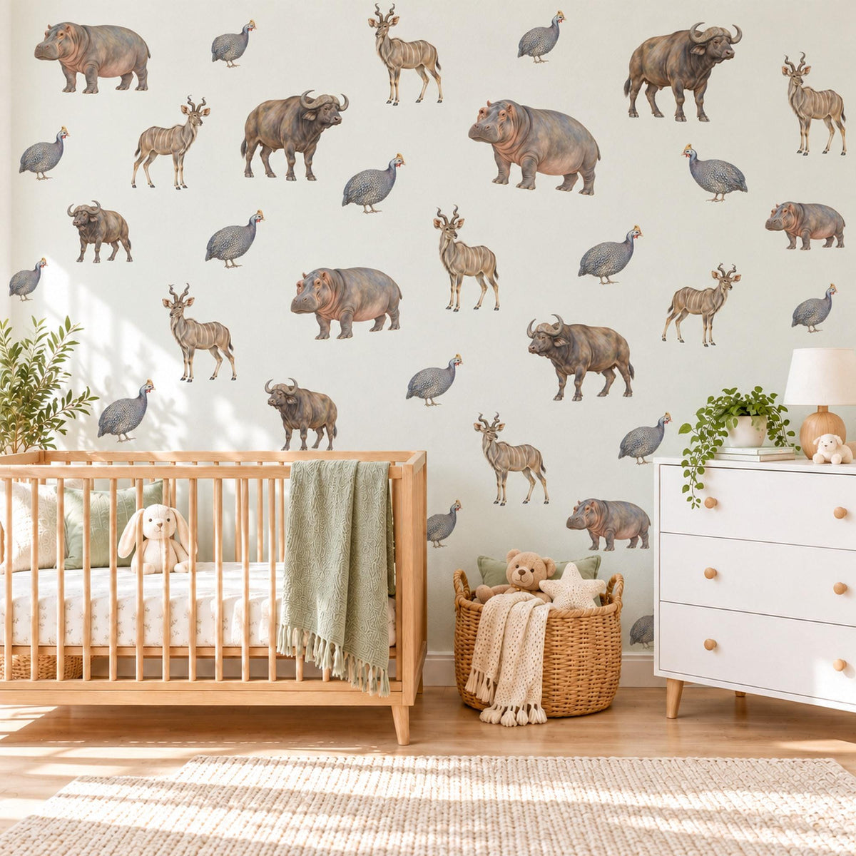 Safari Animal Wall Stickers, Hippo Buffalo Nursery Decor, African Animal Wall Decals, Kids Room Grey Brown Neutral Peel and Stick Wall Art