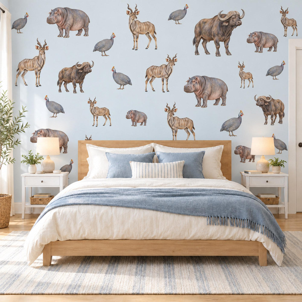 Safari Animal Wall Stickers, Hippo Buffalo Nursery Decor, African Animal Wall Decals, Kids Room Grey Brown Neutral Peel and Stick Wall Art
