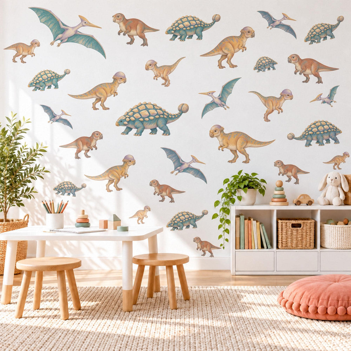 Dinosaur Wall Stickers, Teal Ochre Dino Boys Room Decor, Pterodactyl Wall Decals, Kids Bedroom Rust Green Jurassic Peel and Stick Wall Art