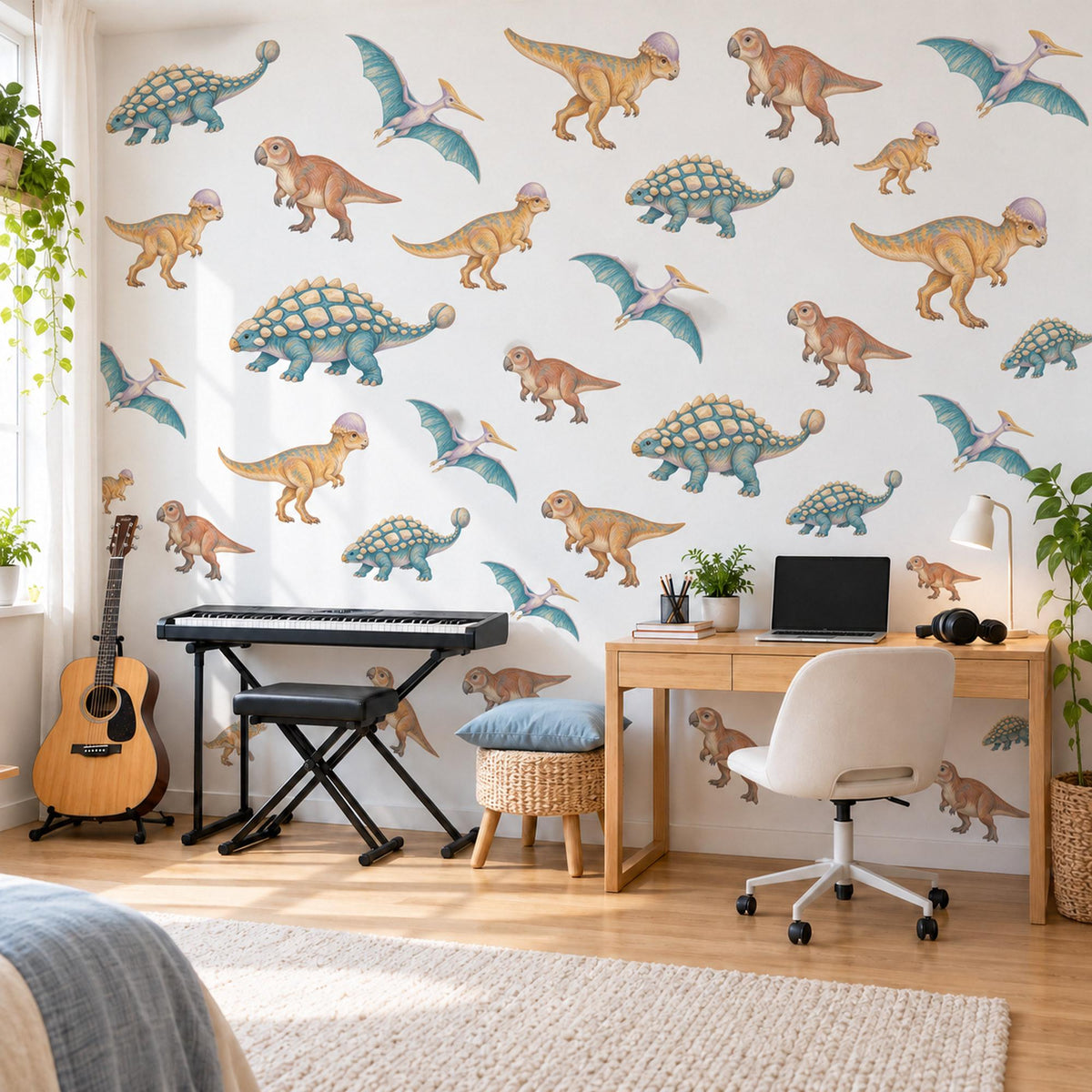 Dinosaur Wall Stickers, Teal Ochre Dino Boys Room Decor, Pterodactyl Wall Decals, Kids Bedroom Rust Green Jurassic Peel and Stick Wall Art