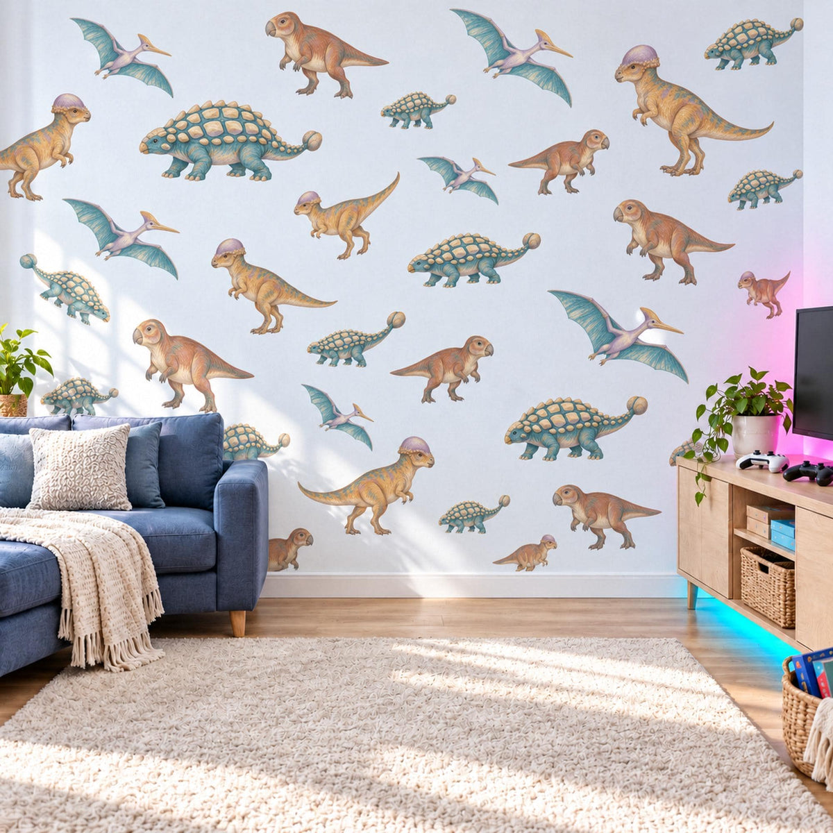 Dinosaur Wall Stickers, Teal Ochre Dino Boys Room Decor, Pterodactyl Wall Decals, Kids Bedroom Rust Green Jurassic Peel and Stick Wall Art
