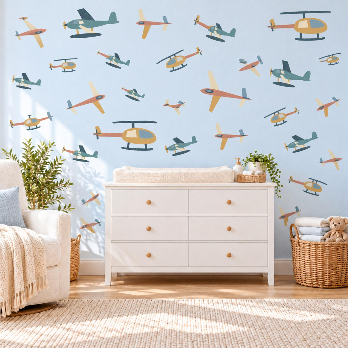 Aeroplane Wall Stickers, Helicopter Boys Room Decor, Plane Wall Decals, Kids Bedroom Teal Mustard Coral Aviation Peel and Stick Wall Art
