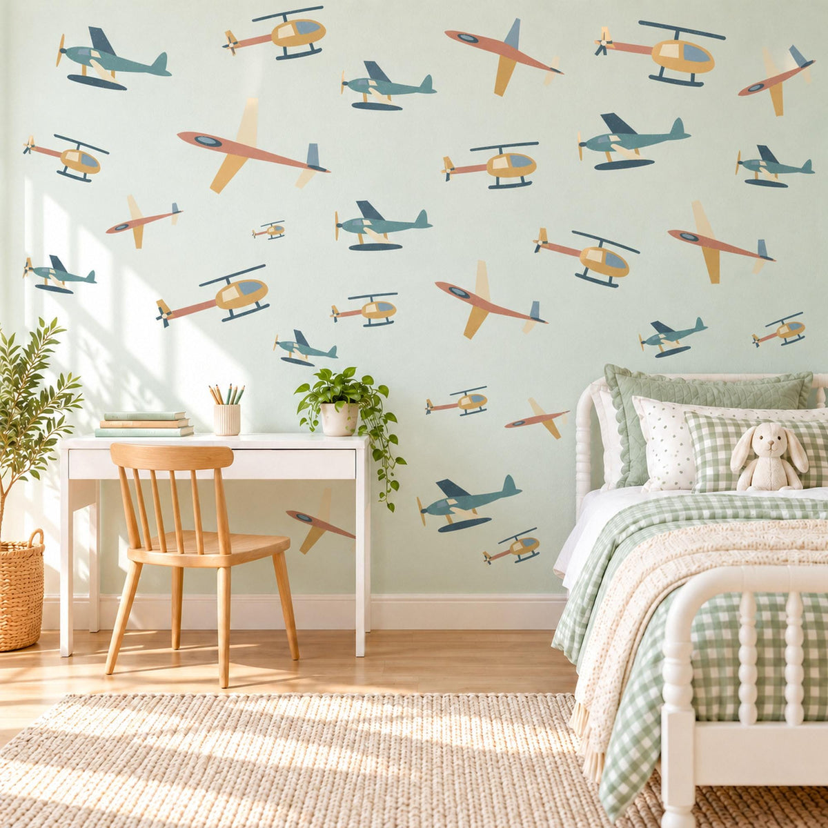 Aeroplane Wall Stickers, Helicopter Boys Room Decor, Plane Wall Decals, Kids Bedroom Teal Mustard Coral Aviation Peel and Stick Wall Art