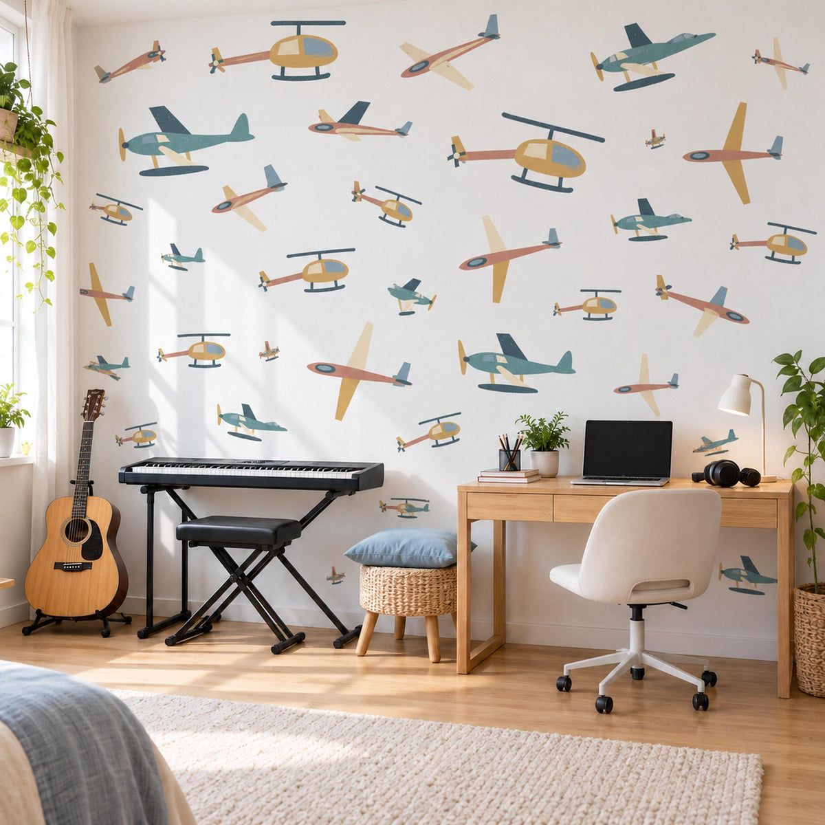 Aeroplane Wall Stickers, Helicopter Boys Room Decor, Plane Wall Decals, Kids Bedroom Teal Mustard Coral Aviation Peel and Stick Wall Art