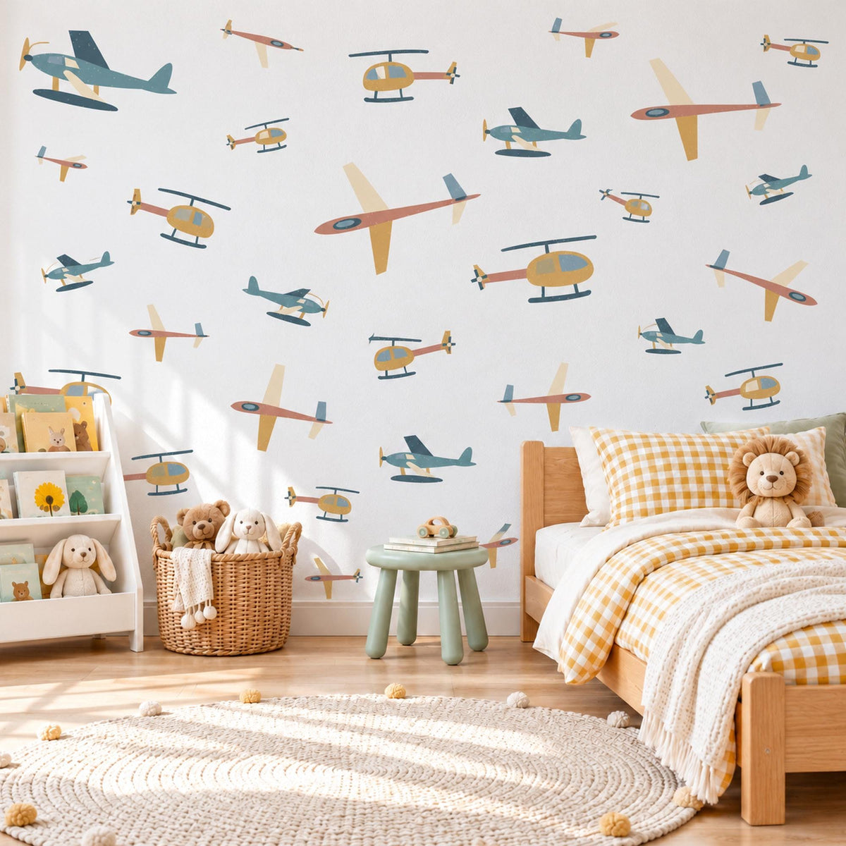 Aeroplane Wall Stickers, Helicopter Boys Room Decor, Plane Wall Decals, Kids Bedroom Teal Mustard Coral Aviation Peel and Stick Wall Art