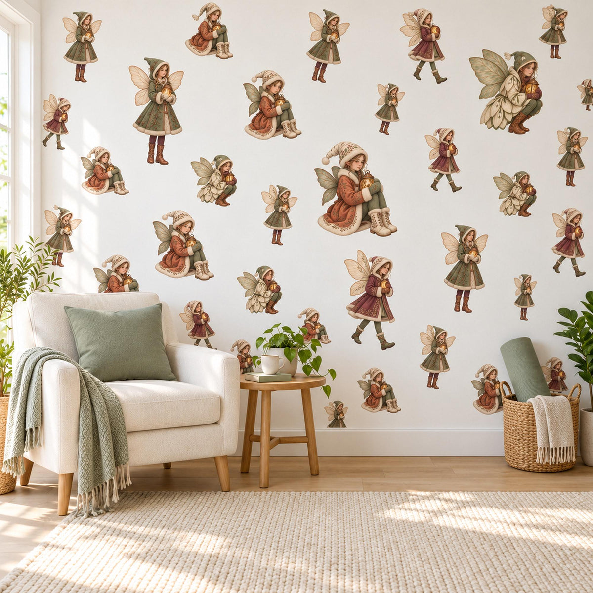 Fairy Wall Stickers, Winter Woodland Fairy Nursery Decor, Vintage Fairy Wall Decals, Girls Room Burgundy Olive Cream Peel and Stick Wall Art