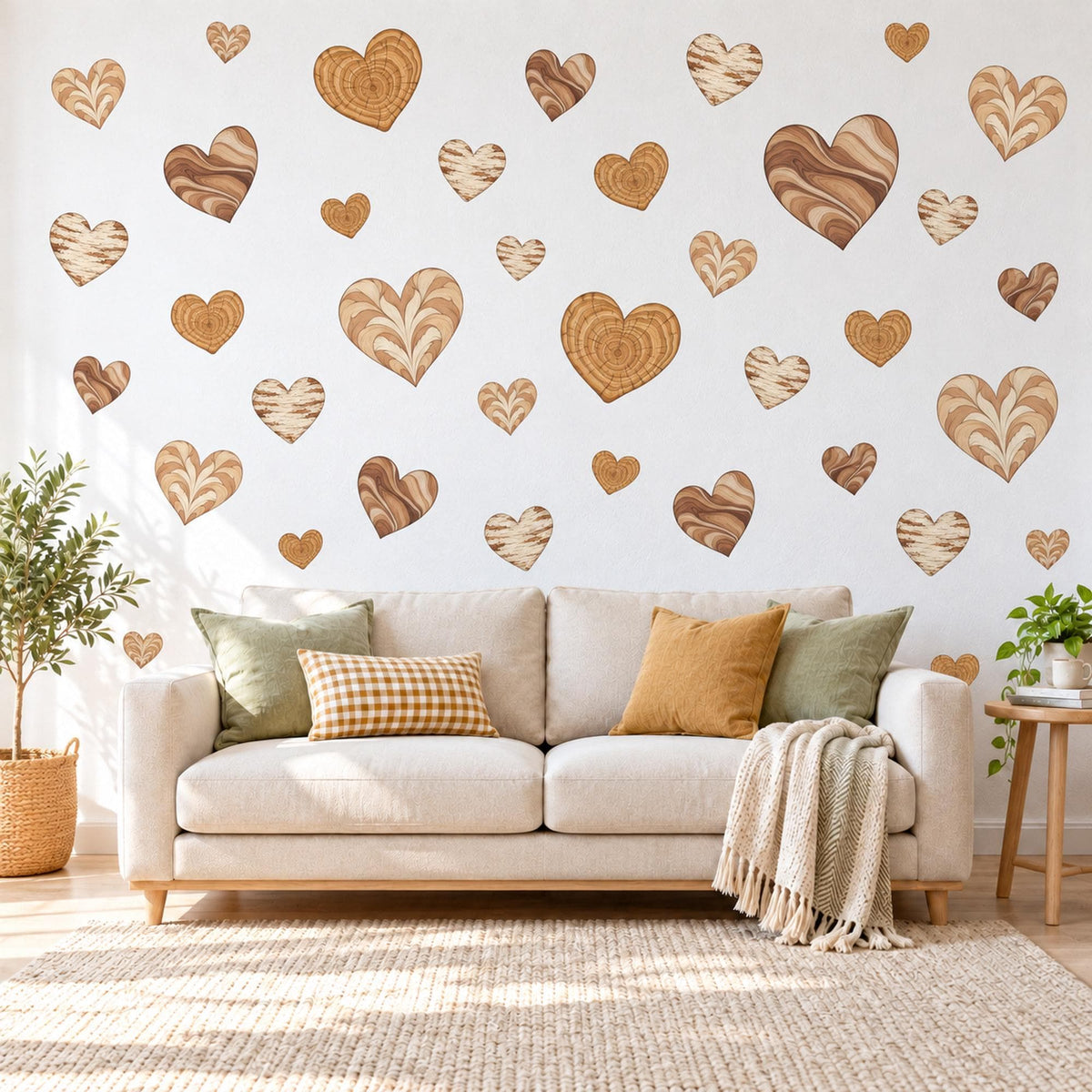 Heart Wall Stickers, Wood Grain Heart Decor, Boho Neutral Heart Wall Decals, Nursery Kids Room Caramel Brown Cream Peel and Stick Wall Art