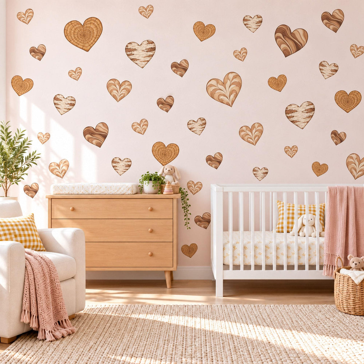 Heart Wall Stickers, Wood Grain Heart Decor, Boho Neutral Heart Wall Decals, Nursery Kids Room Caramel Brown Cream Peel and Stick Wall Art