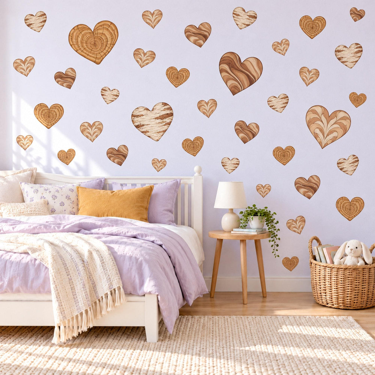 Heart Wall Stickers, Wood Grain Heart Decor, Boho Neutral Heart Wall Decals, Nursery Kids Room Caramel Brown Cream Peel and Stick Wall Art
