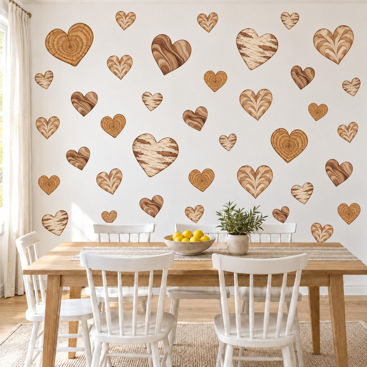 Heart Wall Stickers, Wood Grain Heart Decor, Boho Neutral Heart Wall Decals, Nursery Kids Room Caramel Brown Cream Peel and Stick Wall Art