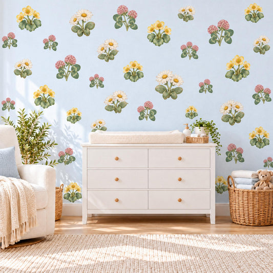Wildflower Wall Stickers, Buttercup Clover Nursery Decor, Spring Flower Wall Decals, Girls Room Yellow Pink Green Meadow Peel and Stick Art