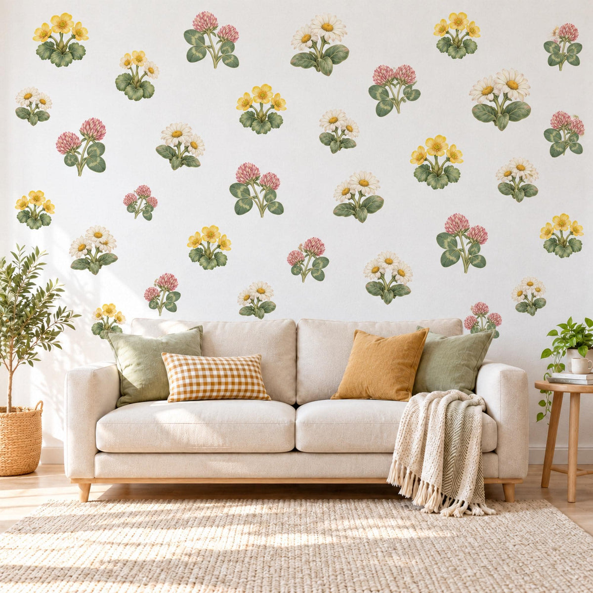 Wildflower Wall Stickers, Buttercup Clover Nursery Decor, Spring Flower Wall Decals, Girls Room Yellow Pink Green Meadow Peel and Stick Art