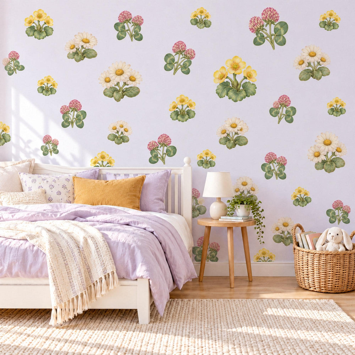 Wildflower Wall Stickers, Buttercup Clover Nursery Decor, Spring Flower Wall Decals, Girls Room Yellow Pink Green Meadow Peel and Stick Art