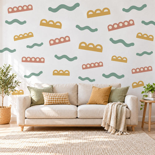 Boho Shape Wall Stickers, Abstract Squiggle Arch Decor, Mid Century Wall Decals, Kids Room Terracotta Mustard Sage Peel and Stick Wall Art