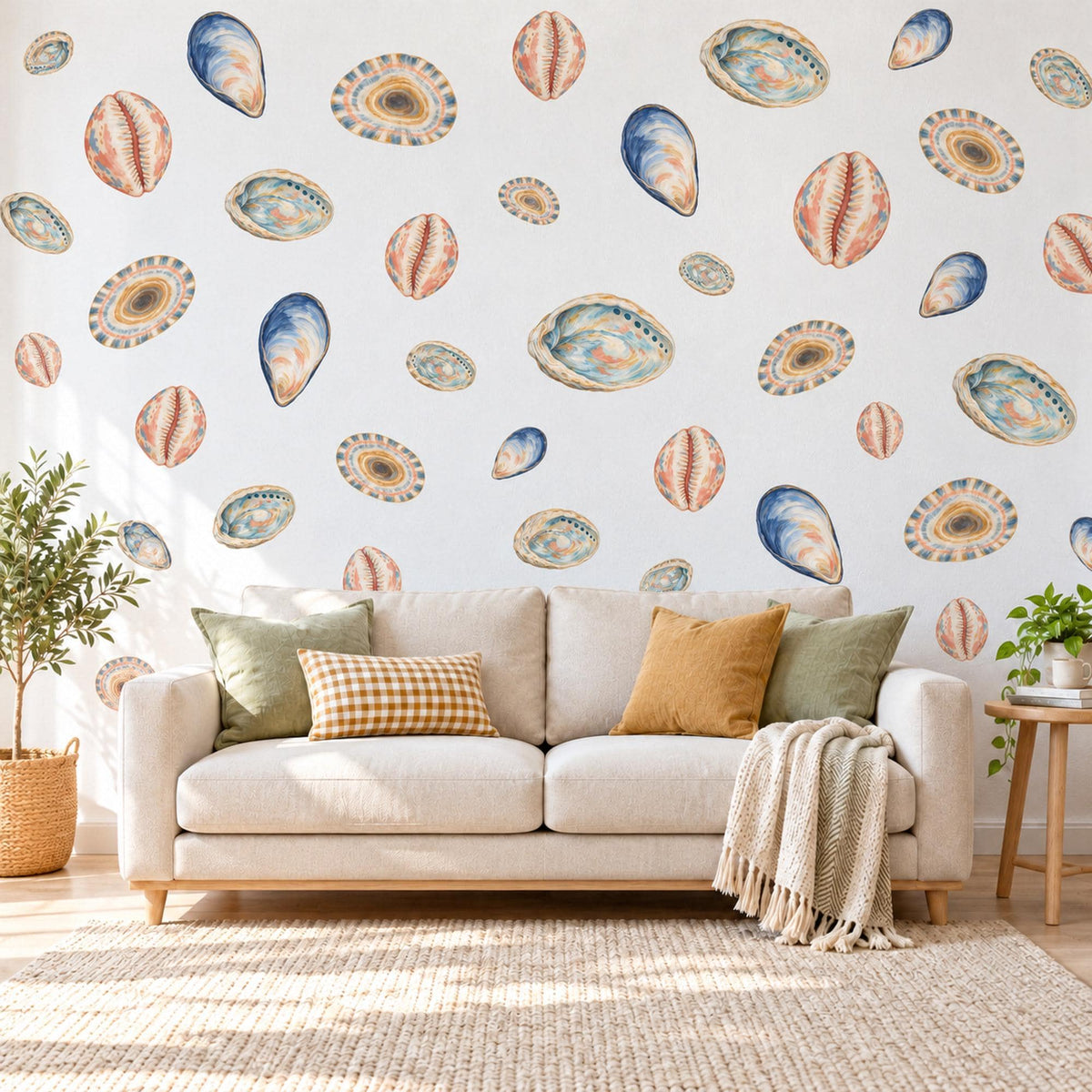 Seashell Wall Stickers, Watercolour Shell Coastal Decor, Mussel Cowrie Wall Decals, Bathroom Nursery Navy Coral Teal Peel and Stick Art