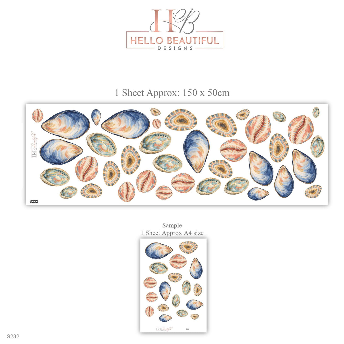 Seashell Wall Stickers, Watercolour Shell Coastal Decor, Mussel Cowrie Wall Decals, Bathroom Nursery Navy Coral Teal Peel and Stick Art