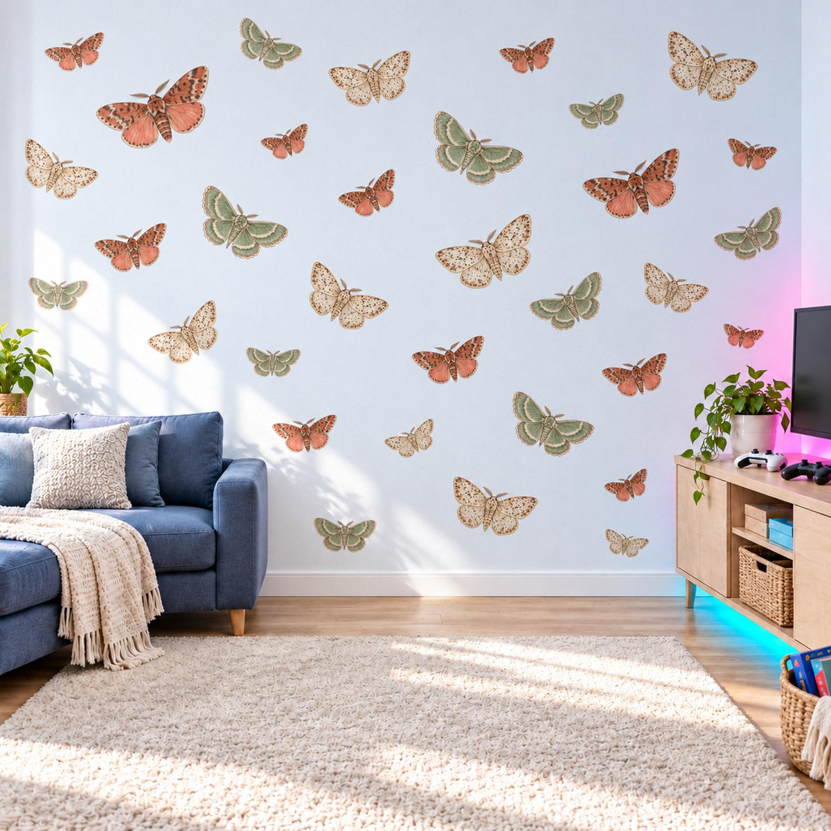 Moth Wall Stickers, Vintage Moth Botanical Decor, Butterfly Moth Wall Decals, Girls Bedroom Rust Sage Cream Nature Peel and Stick Wall Art