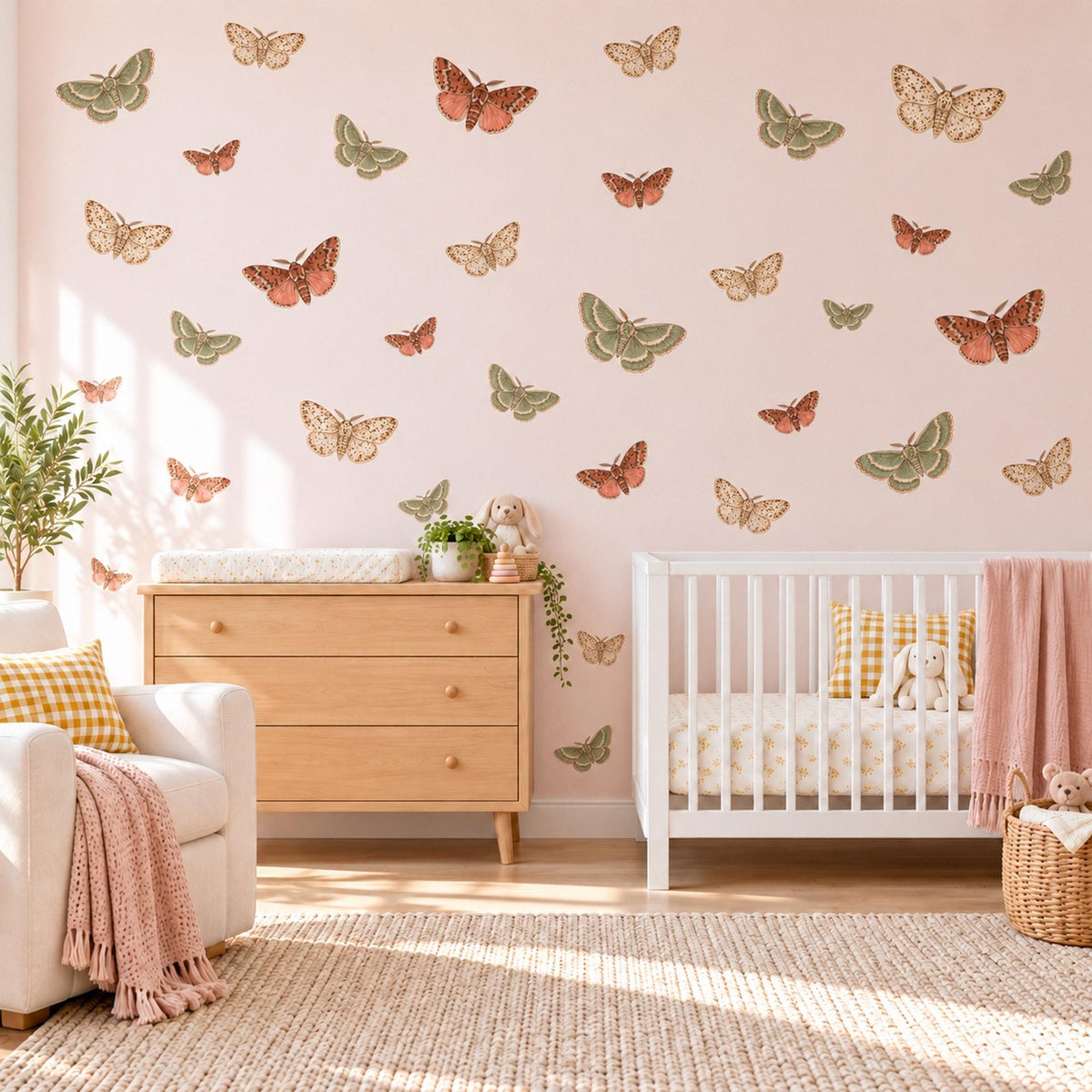 Moth Wall Stickers, Vintage Moth Botanical Decor, Butterfly Moth Wall Decals, Girls Bedroom Rust Sage Cream Nature Peel and Stick Wall Art