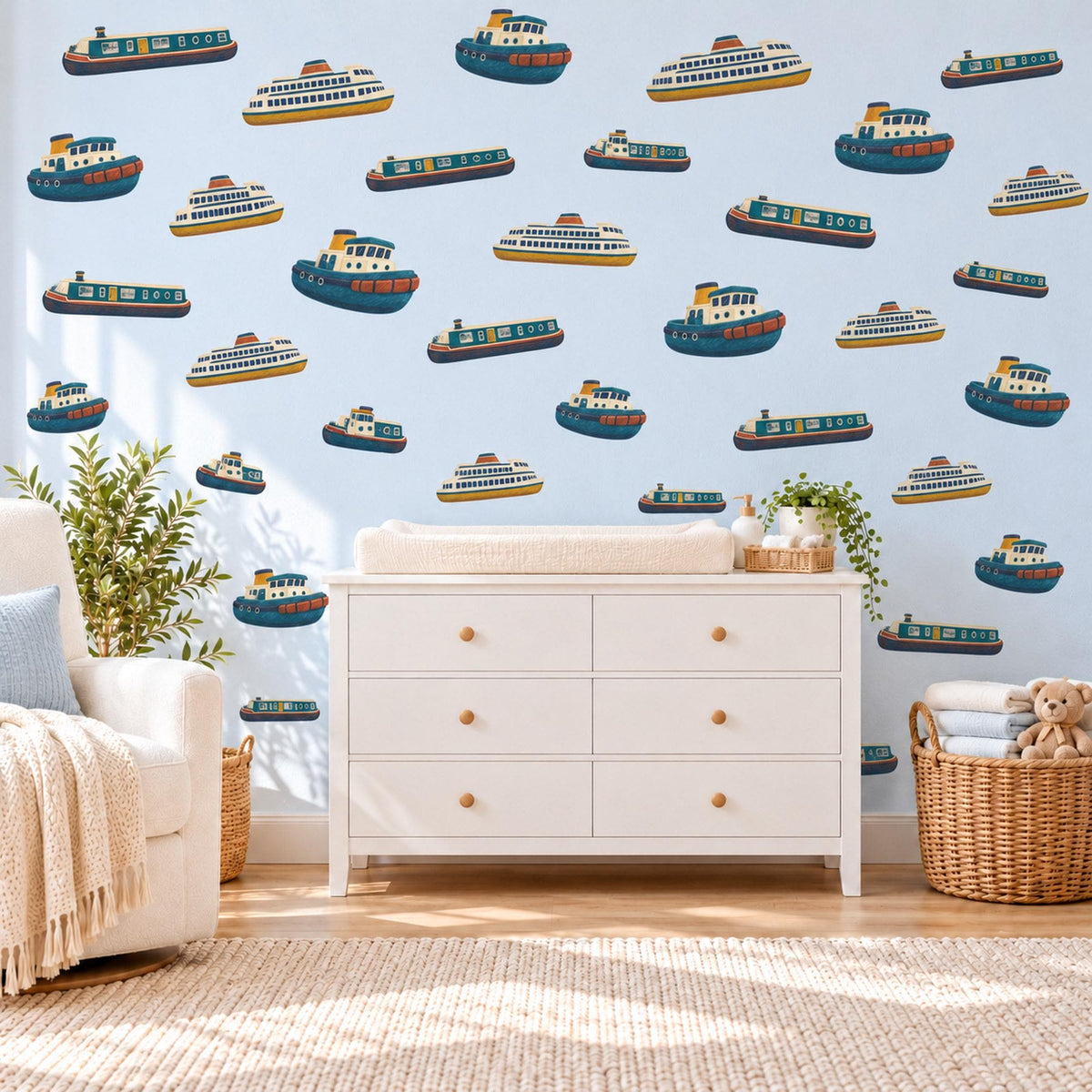 Boat Wall Stickers, Tugboat Ferry Boys Room Decor, Nautical Ship Wall Decals, Kids Bedroom Teal Mustard Rust Harbour Peel and Stick Art