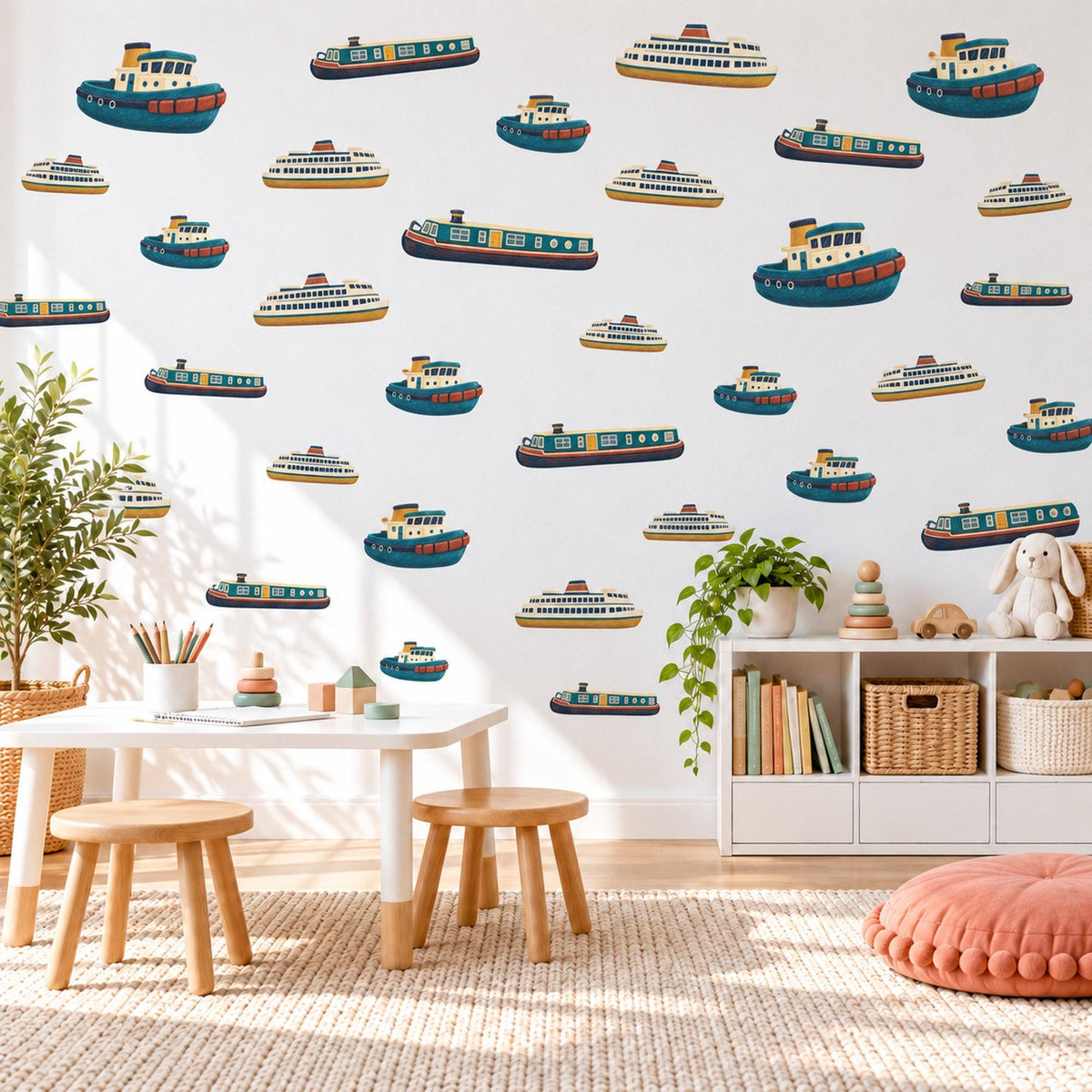 Boat Wall Stickers, Tugboat Ferry Boys Room Decor, Nautical Ship Wall Decals, Kids Bedroom Teal Mustard Rust Harbour Peel and Stick Art