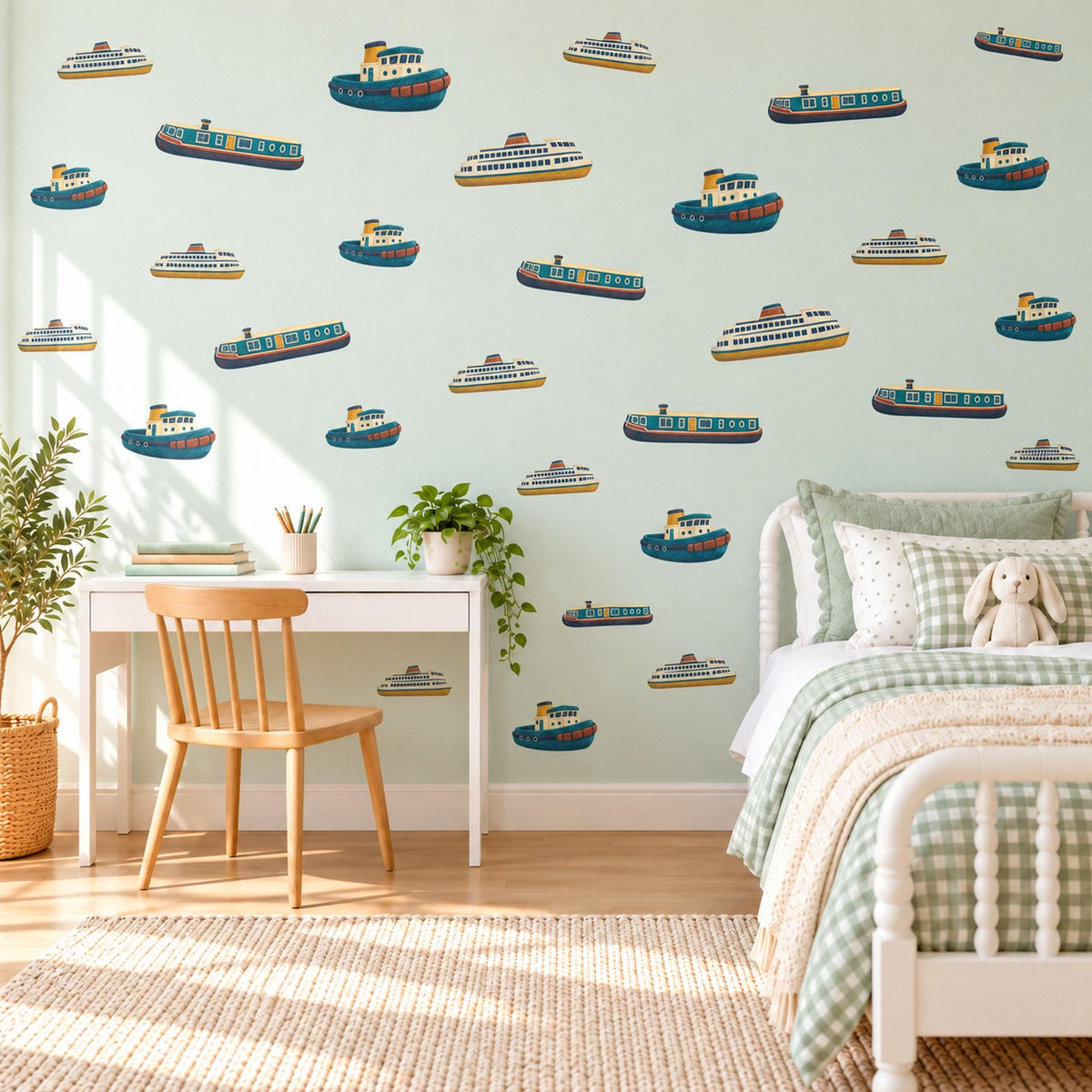 Boat Wall Stickers, Tugboat Ferry Boys Room Decor, Nautical Ship Wall Decals, Kids Bedroom Teal Mustard Rust Harbour Peel and Stick Art