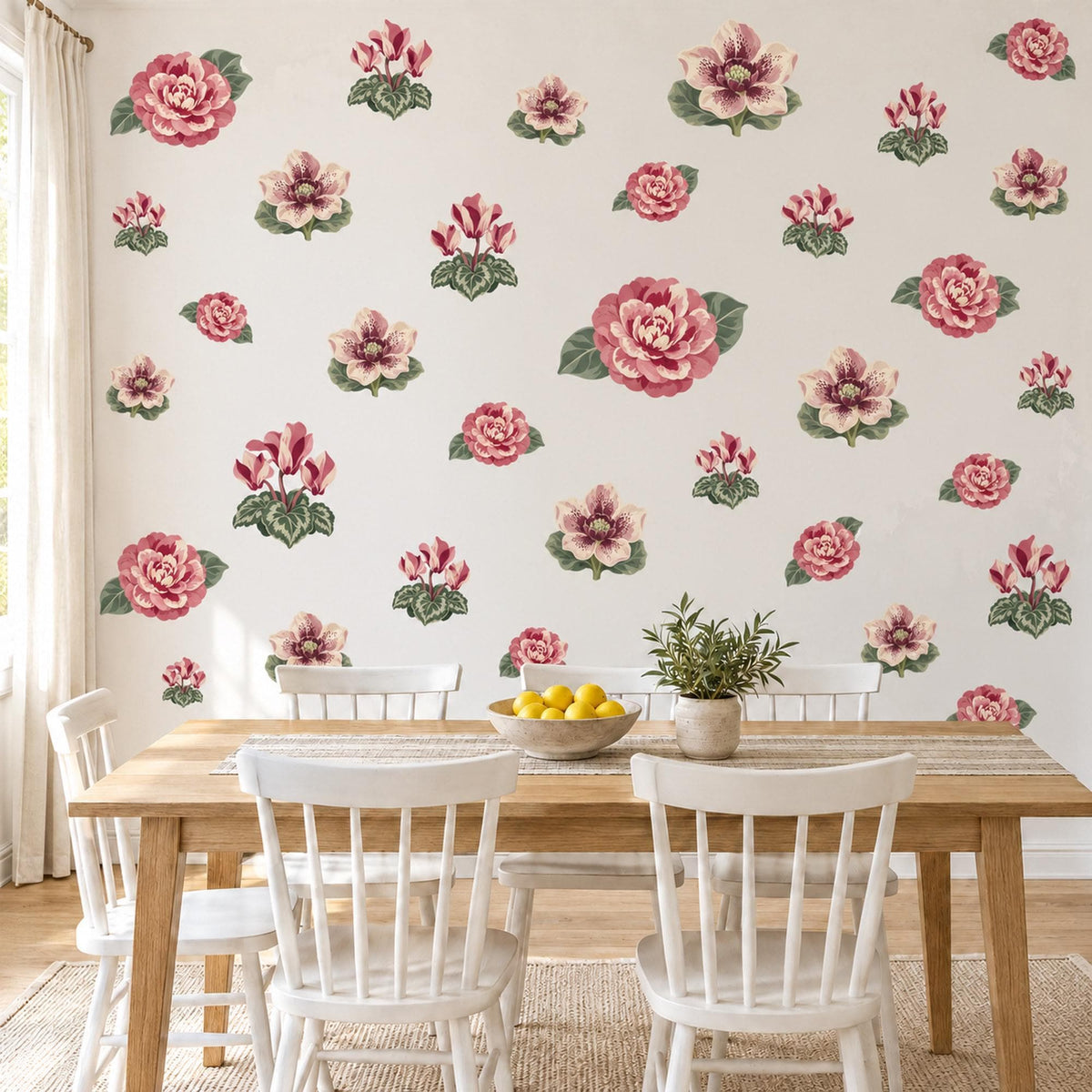 Flower Wall Stickers, Camellia Hellebore Floral Decor, Winter Bloom Wall Decals, Girls Nursery Rose Pink Cream Green Peel and Stick Wall Art