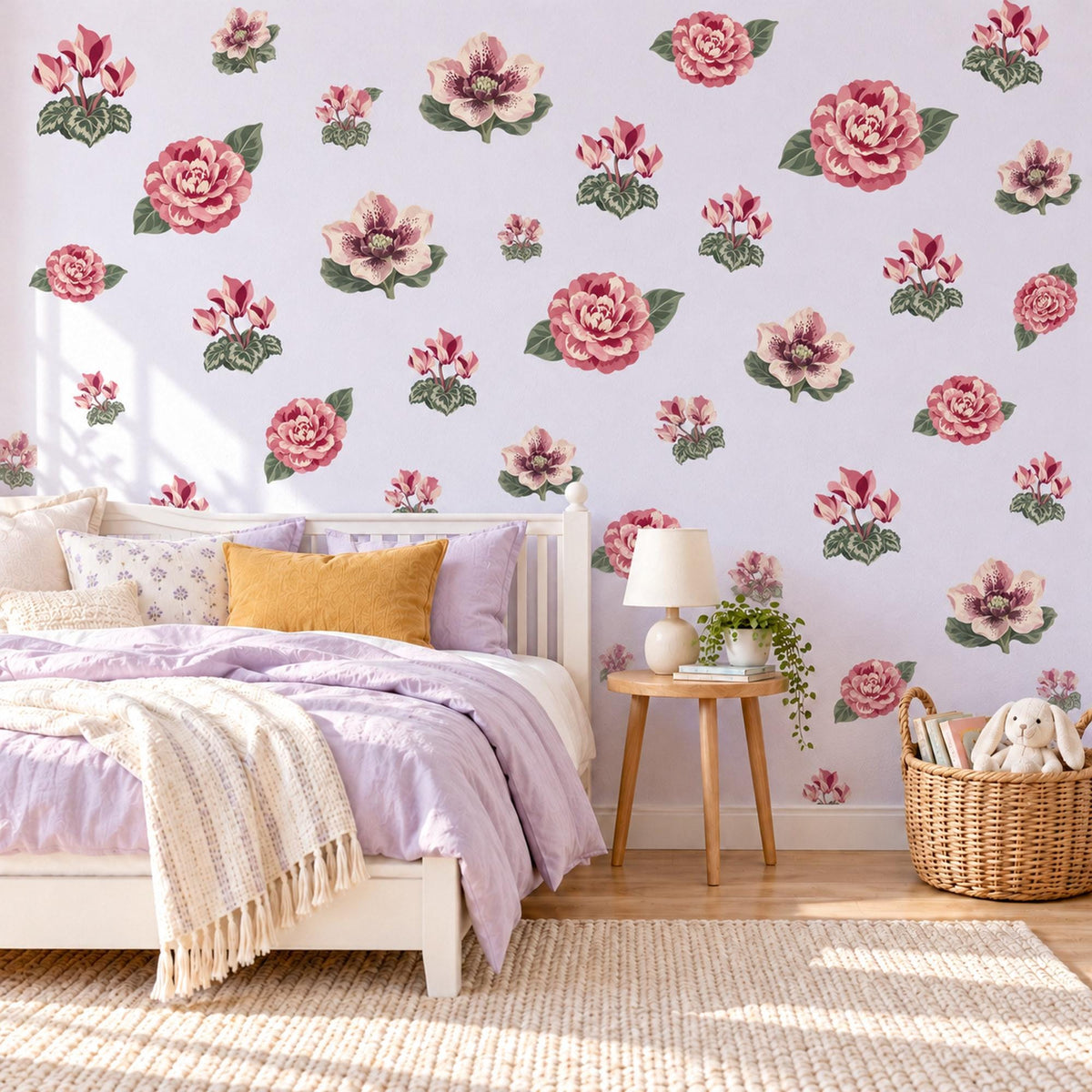 Flower Wall Stickers, Camellia Hellebore Floral Decor, Winter Bloom Wall Decals, Girls Nursery Rose Pink Cream Green Peel and Stick Wall Art