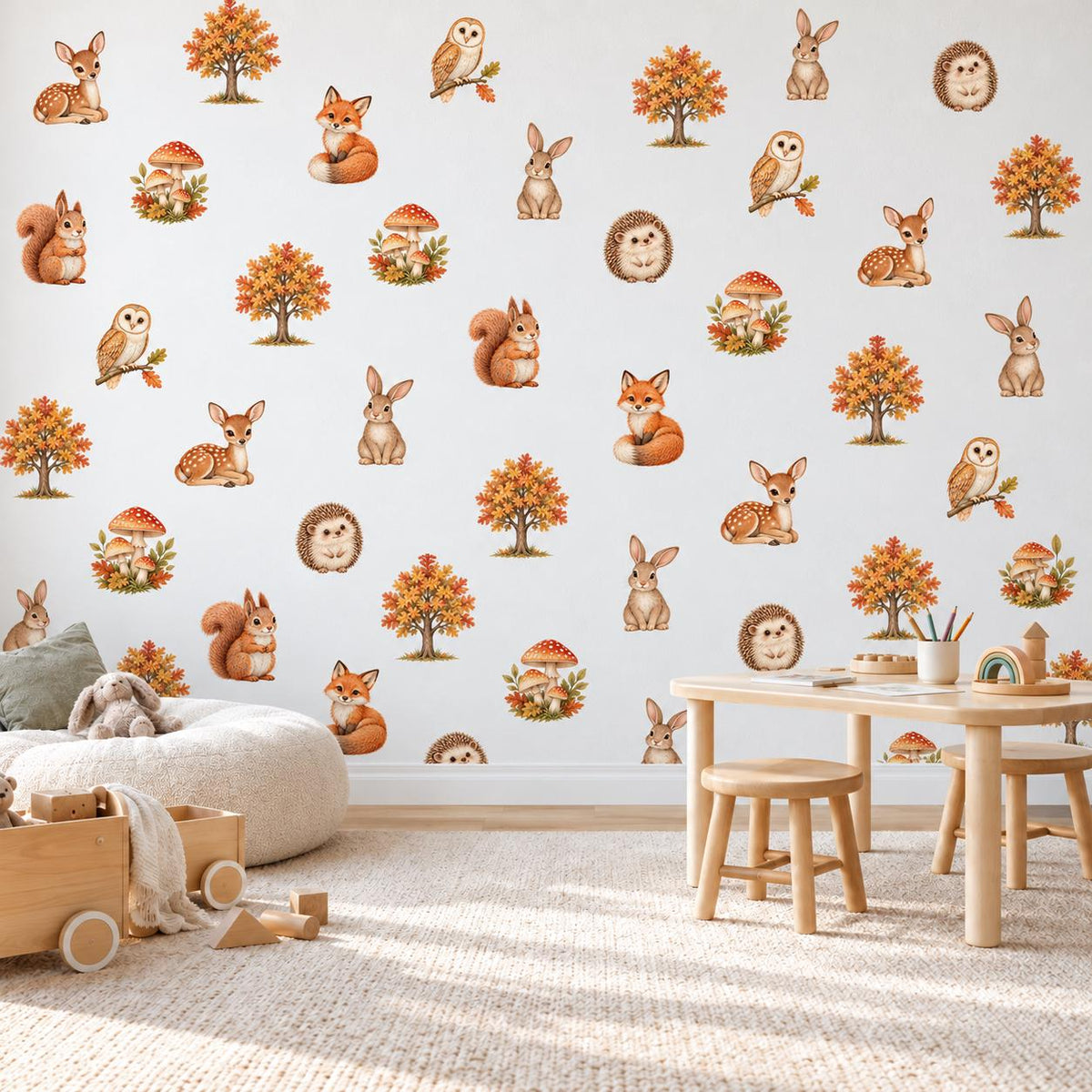 Woodland Wall Stickers, Woodland Animal Nursery Decor, Fox Deer Hedgehog Wall Decals, Kids Room Gender Neutral Baby Peel and Stick Art