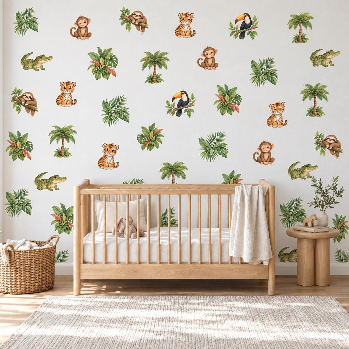 Jungle Wall Stickers, Jungle Animal Nursery Decor, Tiger Monkey Sloth Wall Decals, Kids Room Gender Neutral Baby Peel and Stick Art