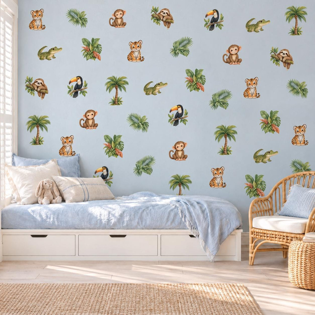 Jungle Wall Stickers, Jungle Animal Nursery Decor, Tiger Monkey Sloth Wall Decals, Kids Room Gender Neutral Baby Peel and Stick Art