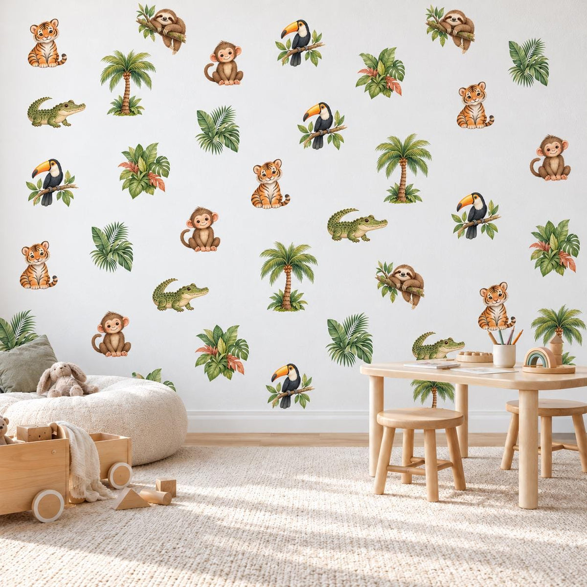 Jungle Wall Stickers, Jungle Animal Nursery Decor, Tiger Monkey Sloth Wall Decals, Kids Room Gender Neutral Baby Peel and Stick Art